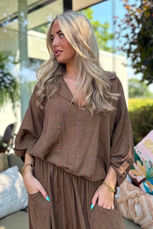 Sandbar Linen Blend Pop Over Shirt Walnut